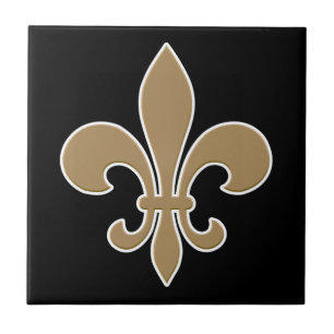 Azulejo De Cerâmica Fleur de Lis Dourado com contorno branco e preto