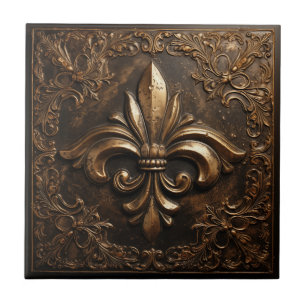 Azulejo De Cerâmica Fleur de Lis Dourado Metálico Francês Decorativo