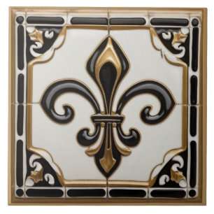 Azulejo De Cerâmica Fleur de Lis Faux Alivio preto branco e Dourado