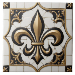 Azulejo De Cerâmica Fleur de Lis Faux Alivio Vintage Black White Doura