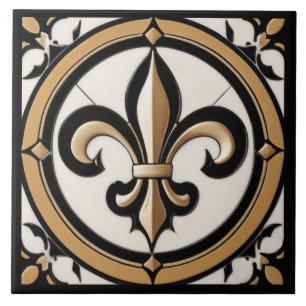 Azulejo De Cerâmica Fleur de Lis Faux Dourado branco-negro antigo