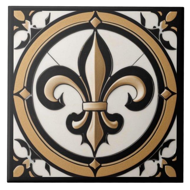 Azulejo De Cerâmica Fleur de Lis Faux Dourado branco-negro antigo (Frente)