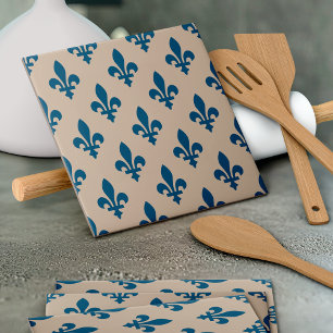 Azulejo De Cerâmica Fleur de Lis Pattern, Royal French Blue em Creme