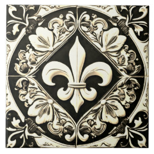 Azulejo De Cerâmica Fleur de Lis, Preto e Branco da Vintage