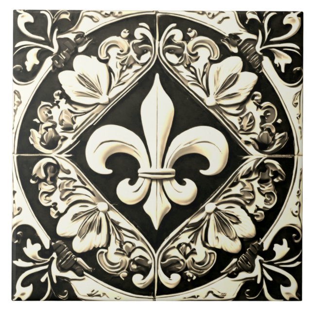 Azulejo De Cerâmica Fleur de Lis, Preto e Branco da Vintage (Frente)