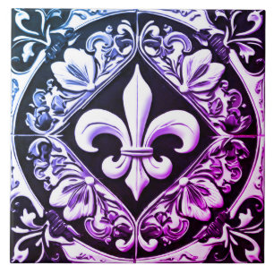 Azulejo De Cerâmica Fleur de Lis, roxo e preto