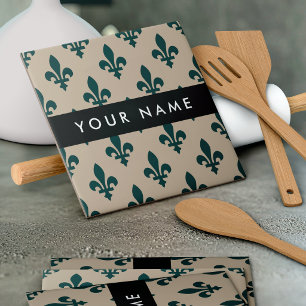 Azulejo De Cerâmica Fleur de Lis, Verde sobre Bege, Real, Seu Nome