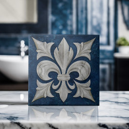 Azulejo De Cerâmica Fleur-De-Lis White e Blue Marble