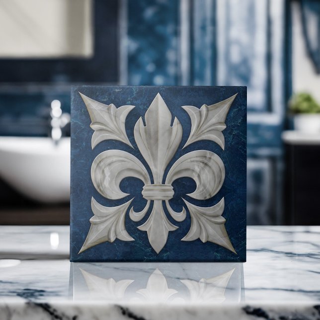Azulejo De Cerâmica Fleur-De-Lis White e Blue Marble (Criador carregado)