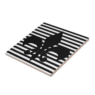 Azulejo De Cerâmica Fleurs-de-lis Fundo em preto-e-branco com riscas b