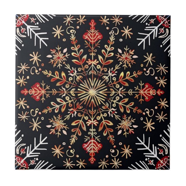 Azulejo De Cerâmica Floco de Neve Dourado e Vermelho (Frente)