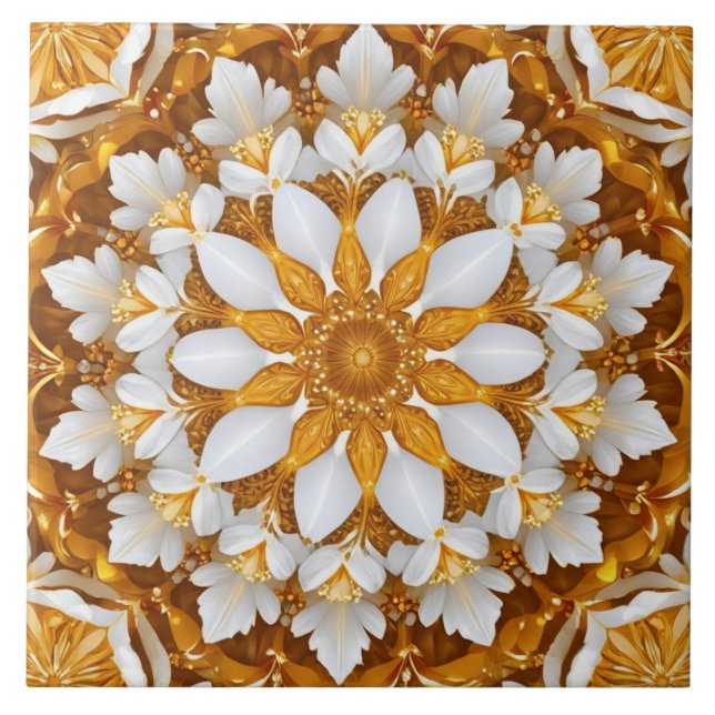 Azulejo De Cerâmica Floco de neve floral ouro Caleidoscópio (Frente)