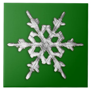 Azulejo De Cerâmica Floco de neve prateado e branco em verde-pinho