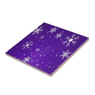 Azulejo De Cerâmica Flocos de neve brancos com fundo azul-roxo