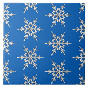 Azulejo De Cerâmica Flocos de neve, cristais de prata sobre azul cobal