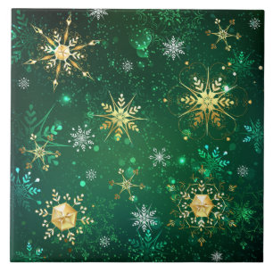 Azulejo De Cerâmica Flocos de neve do Ouro Xmas em fundo verde