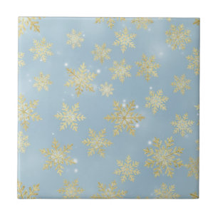 Azulejo De Cerâmica Flocos de Neve Dourados no Azul Céu – Inverno Eleg