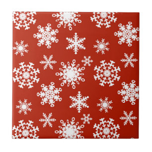 Azulejo De Cerâmica Flocos de neve em branco sobre fundo vermelho