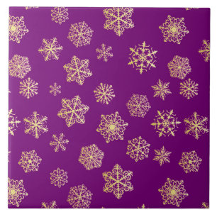 Azulejo De Cerâmica Flocos de neve ouro sobre fundo roxo