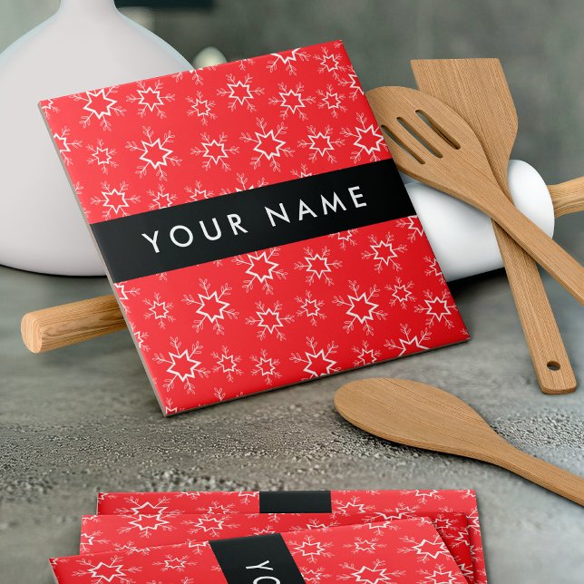 Azulejo De Cerâmica Flocos de neve vermelhos e brancos, seu nome, pers (Criador carregado)