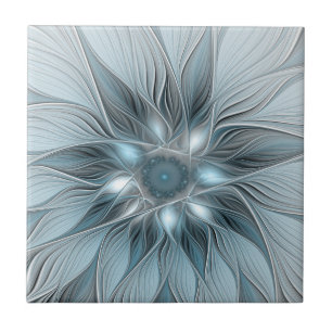 Azulejo De Cerâmica Flor Abstrata Alegre Azul Cinza Fractal Floral