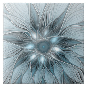 Azulejo De Cerâmica Flor Abstrata Alegre Azul Cinza Fractal Floral
