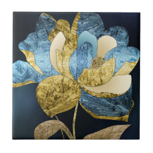 Azulejo De Cerâmica Flor Abstrato azul e Dourada com Petais Texturizad