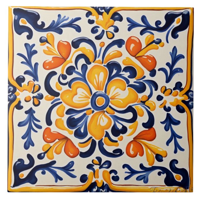 Azulejo De Cerâmica Flor Amarelo-Azul-Mediterrâneo Siciliana (Frente)