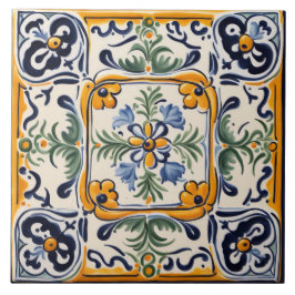 Azulejo De Cerâmica Flor Amarelo-Azul-mediterrânico Floral