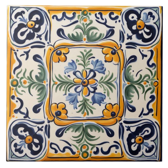 Azulejo De Cerâmica Flor Amarelo-Azul-mediterrânico Floral (Frente)