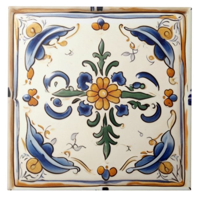 Azulejo De Cerâmica Flor-Amarelo-Flor-Azul-Mediterrâneo Floral (Frente)