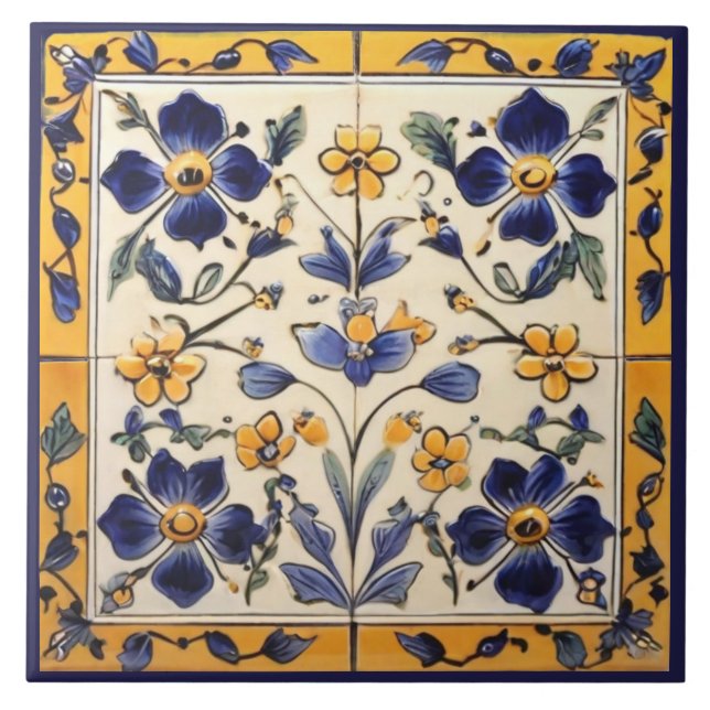 Azulejo De Cerâmica Flor Amarelo-Marinho-Mediterrâneo Floral Azul (Frente)