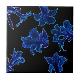 Azulejo De Cerâmica Flor Azul Neon Estilizado Floral