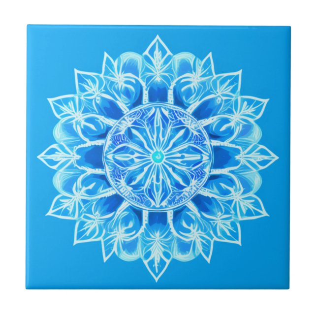 Azulejo De Cerâmica Flor Batik Mandala em Turquesa (Frente)