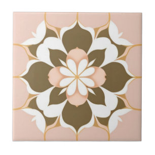 Azulejo De Cerâmica Flor branca, ouro, castanha e rosa