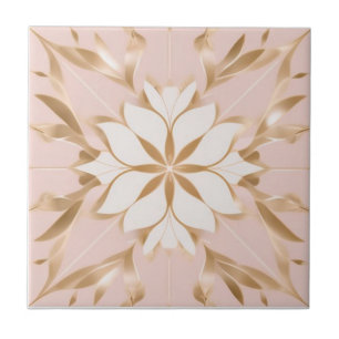 Azulejo De Cerâmica Flor branca, ouro e rosa