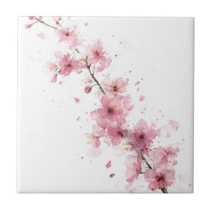 Azulejo De Cerâmica Flor Cerejeira Rosa Sakura Aquarela Floral
