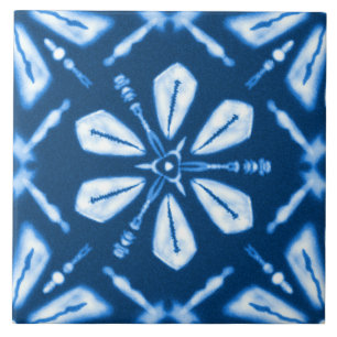 Azulejo De Cerâmica Flor da Estrela Azul Shibori