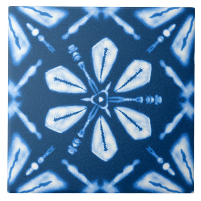 Azulejo De Cerâmica Flor da Estrela Azul Shibori (Frente)