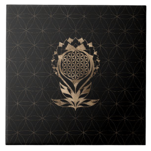 Azulejo De Cerâmica Flor da vida Lotus - Preto e Dourado