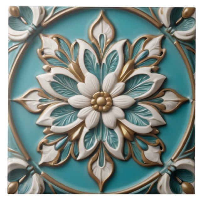 Azulejo De Cerâmica Flor de Alivio de Flor Elegante Turquoise Floral (Frente)
