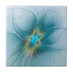 Azulejo De Cerâmica Flor de Arte Fractal Dourada e Azul Moderno