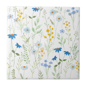 Azulejo De Cerâmica Flor de Campo Aquarela Azul Amarelo
