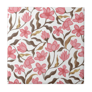 Azulejo De Cerâmica Flor de Campo Aquarela Rosa Marrom Dourado