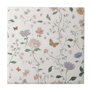 Azulejo De Cerâmica Flor de Campo Elegante & Toile-De-Jouy de Borbolet