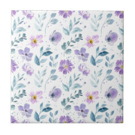 Azulejo De Cerâmica Flor de Campo Roxa Verde Aquarela