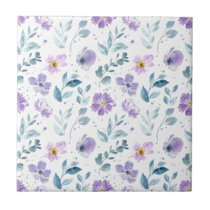 Azulejo De Cerâmica Flor de Campo Roxa Verde Aquarela