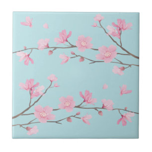 Azulejo De Cerâmica Flor de Cereja - Azul-Céu