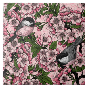 Azulejo De Cerâmica Flor de cereja e frangas a rosa