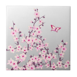 Azulejo De Cerâmica Flor de Cerejeira Butterfly Rosa Cinza